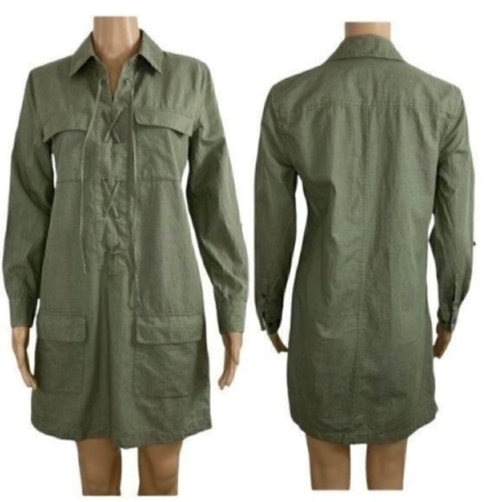 Equipment Femme Army Green Lace Up Dress Size XS Style Q1051-E354 Pockets